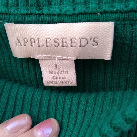 Appleseeds100%Cotton KellyGreen MockNeck White Stripes Navy Torso & Sleeves SzL - Picture 3 of 7